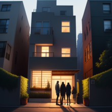 A group of people standing in front of a house in New York City.