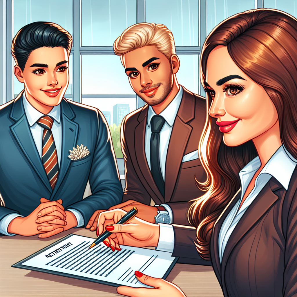 A cartoon illustration of a group of people signing a document with a New York real estate lawyer.