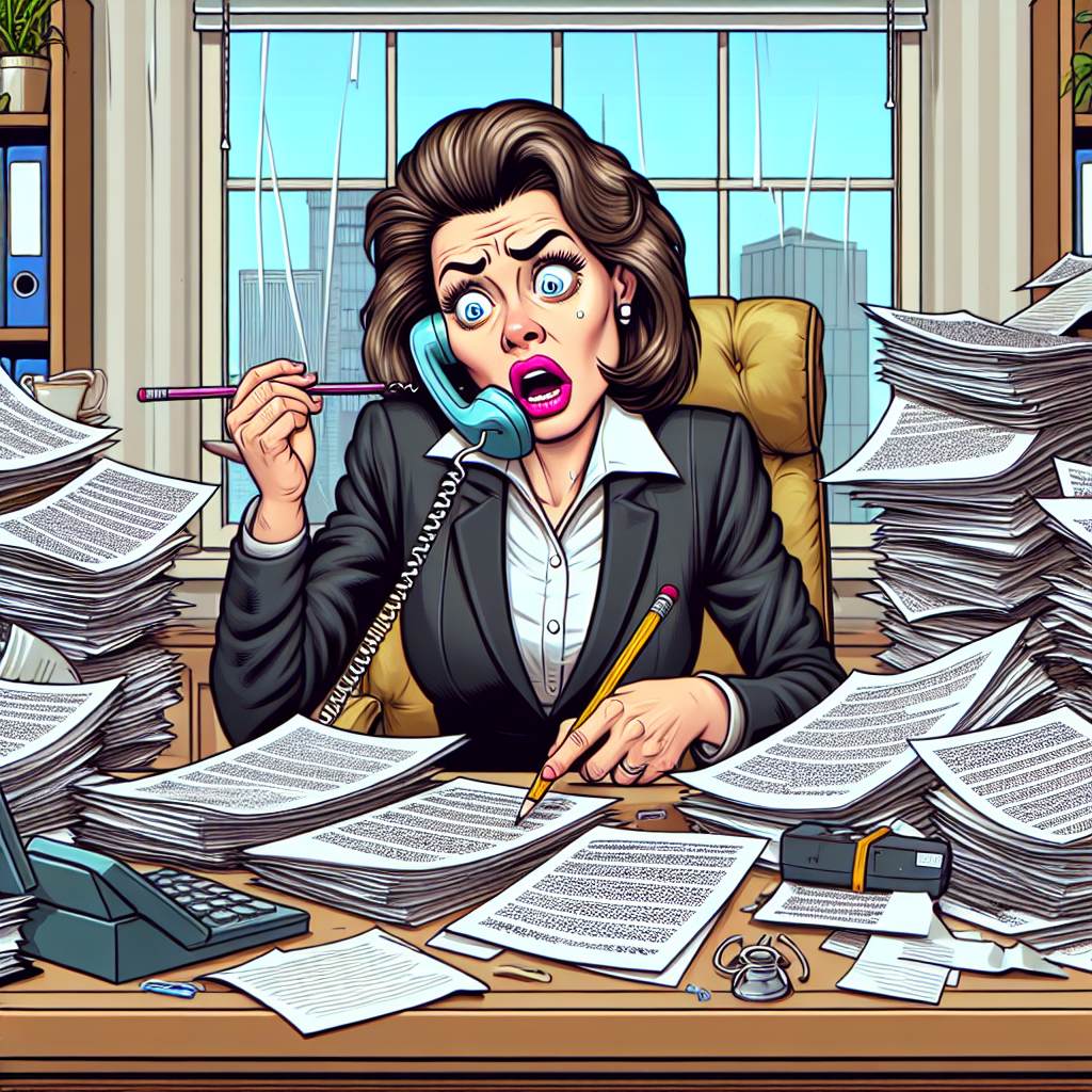 A woman sitting at a desk with a lot of papers and *free consultation*.