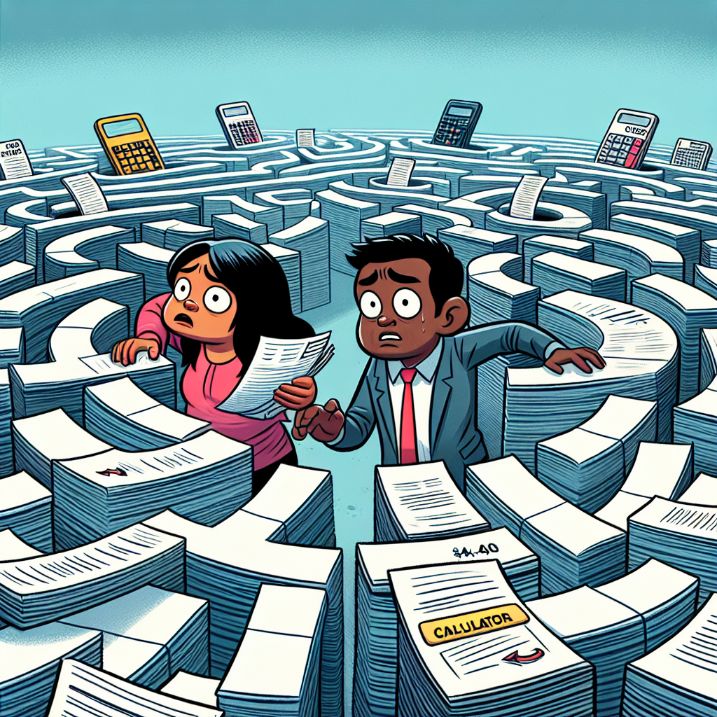 A cartoon illustration of a man and woman standing in a maze of papers, seeking guidance from a New York real estate lawyer for a free consultation.