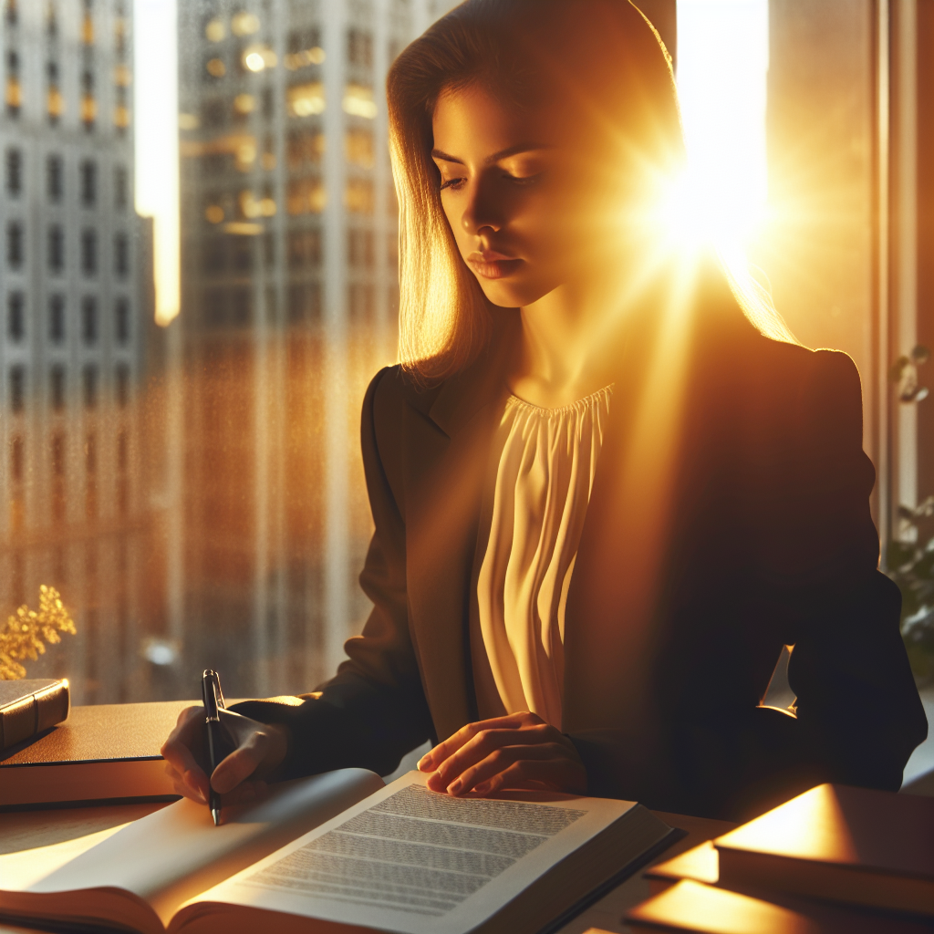 A business woman in New York City is writing in a book by a window.
