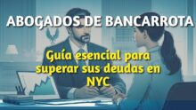 A man and a woman discuss at a desk with a laptop, in an office setting, with text about bankruptcy attorneys in NYC under an 