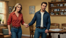 A man and a woman holding hands stand inside a cozy, well-lit living room. Both wear denim jeans; the woman in a red shirt and the man in a blue shirt. Framed pictures and shelves are visible in the background, creating an ambiance of unity as they support each other through life's challenges, like filing bankruptcy.